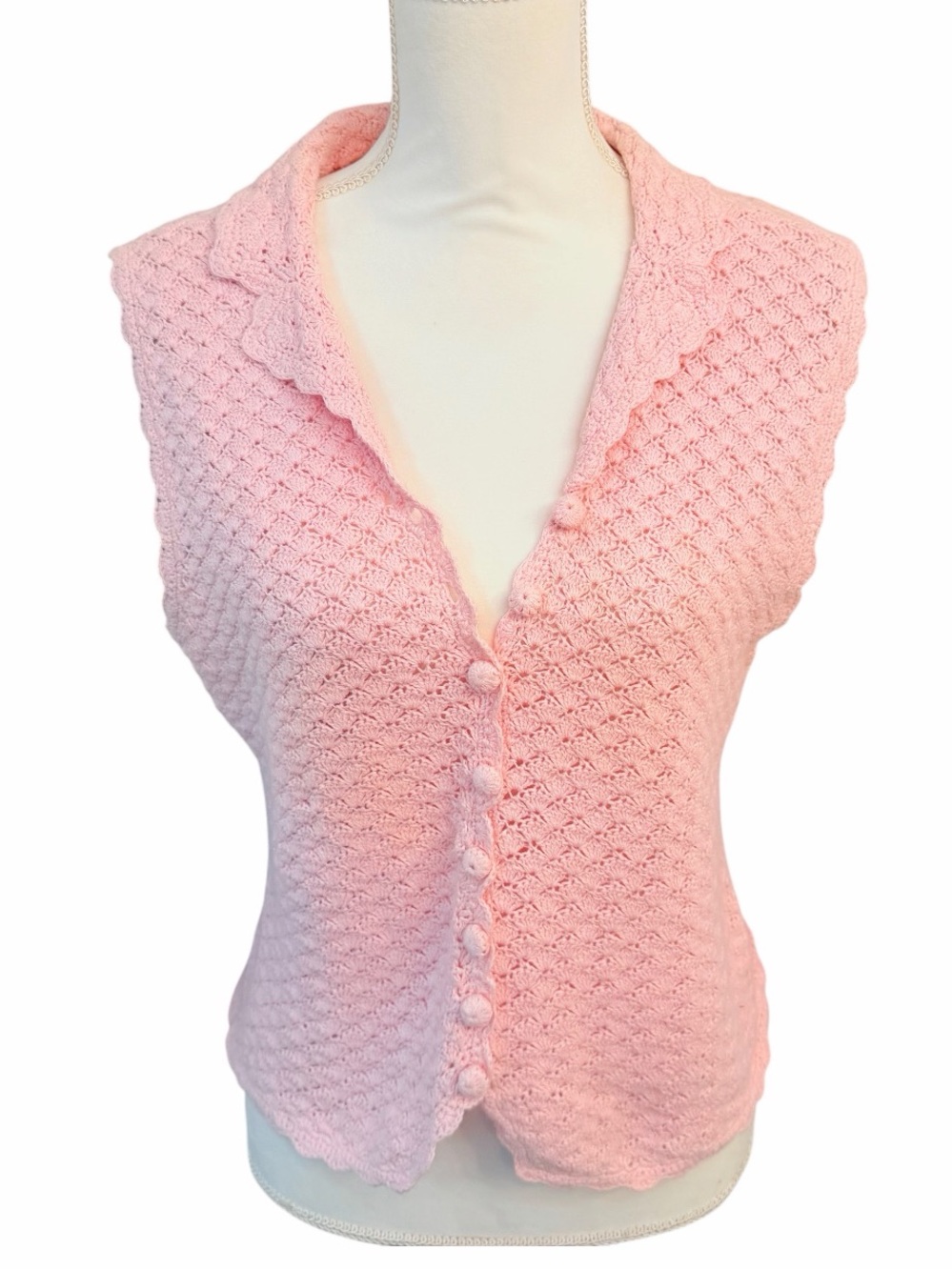 Vintage Vest Crochet Pink Collared Scalloped Trim Cottage Core Milkmaid Sz Med